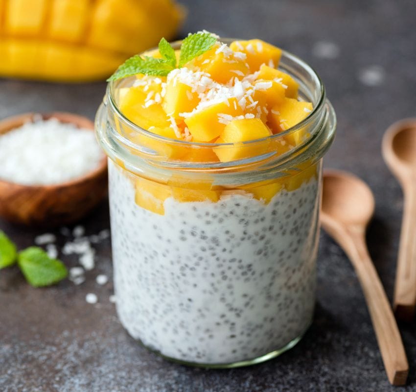 chia seed pudding with mango topping