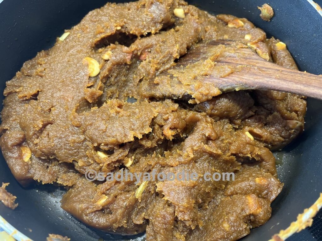 Cooking Mathanga Halwa with coconut milk and jaggery